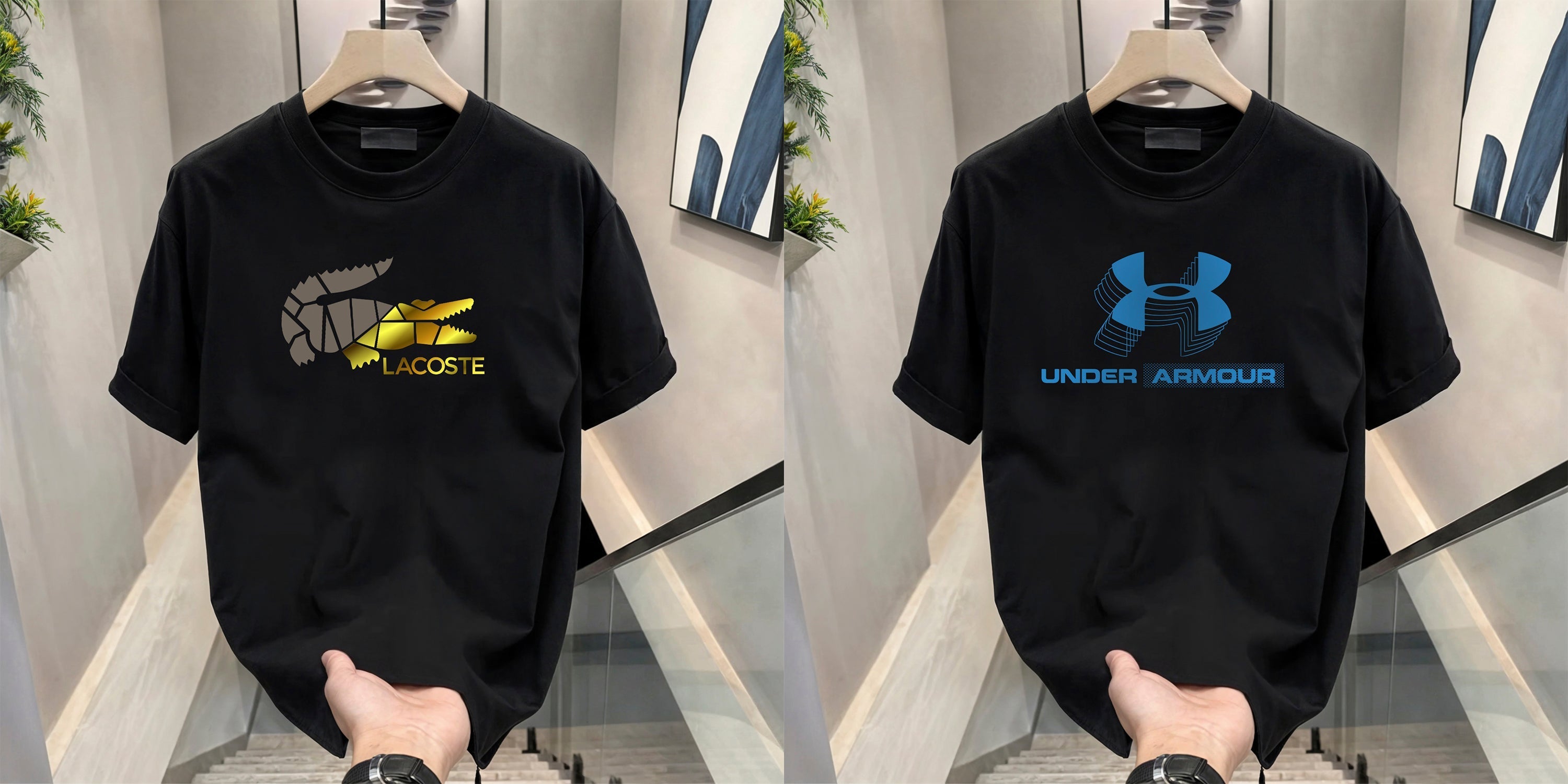 Men's Brand Premium Selling T-Shirt (BD-BLUE ARMOUR+LACOSTE GOLD)