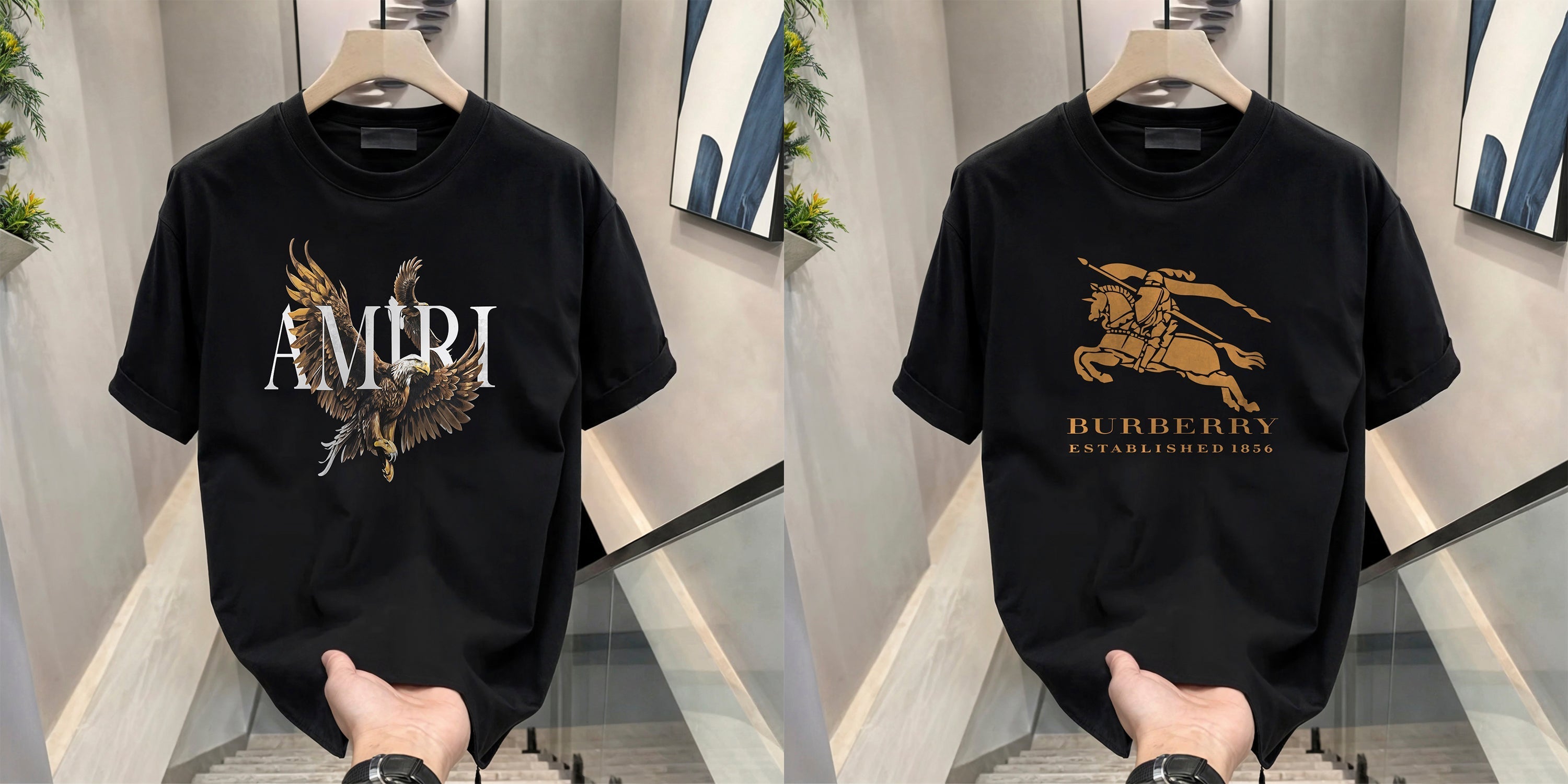 Men's Brand Premium Selling T-Shirt (BD-AMIRI+BURBERRY GOLD)