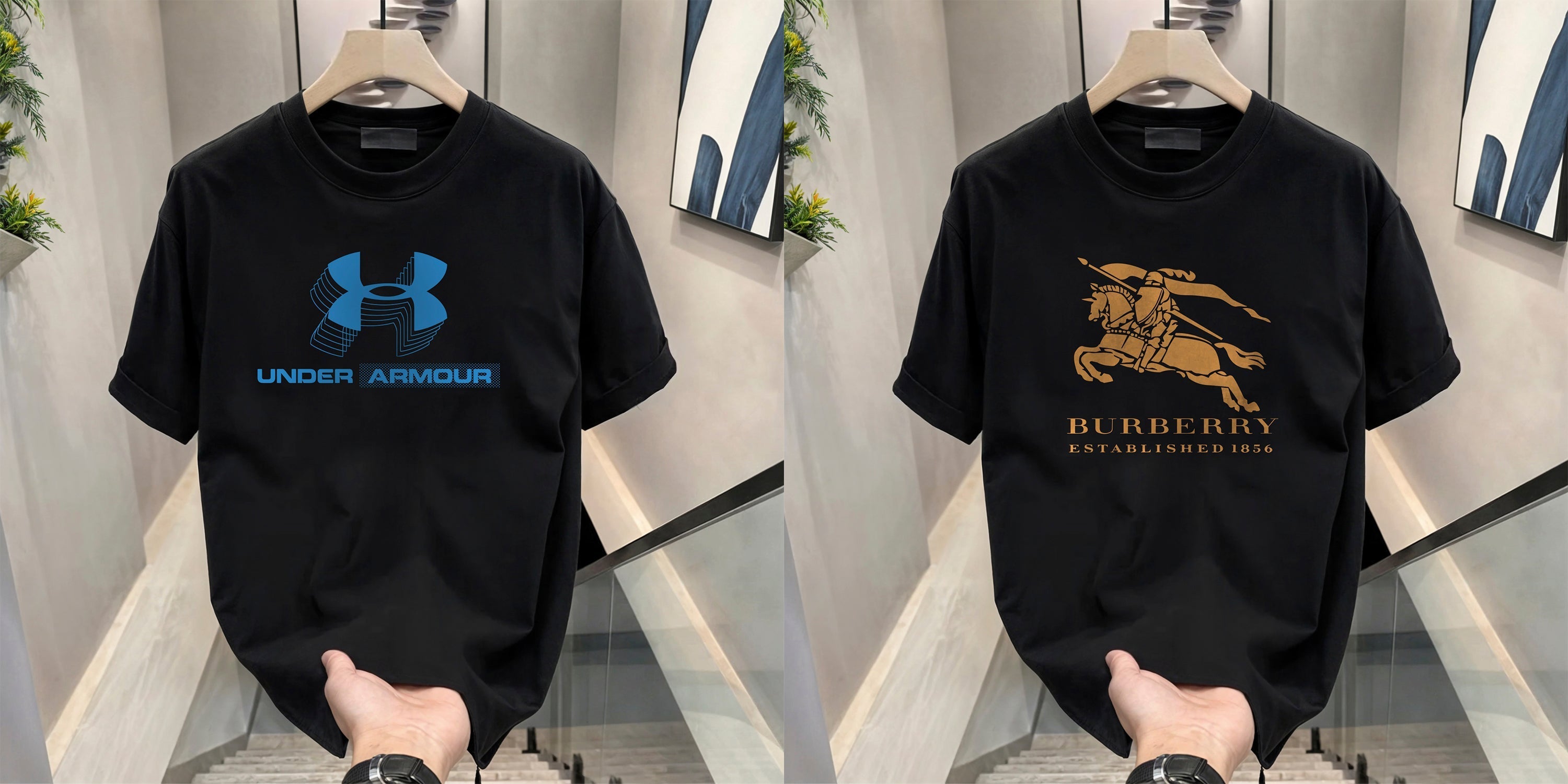 Men's Brand Premium Selling T-Shirt (BD-BLUE ARMOUR+BURBERRY GOLD)