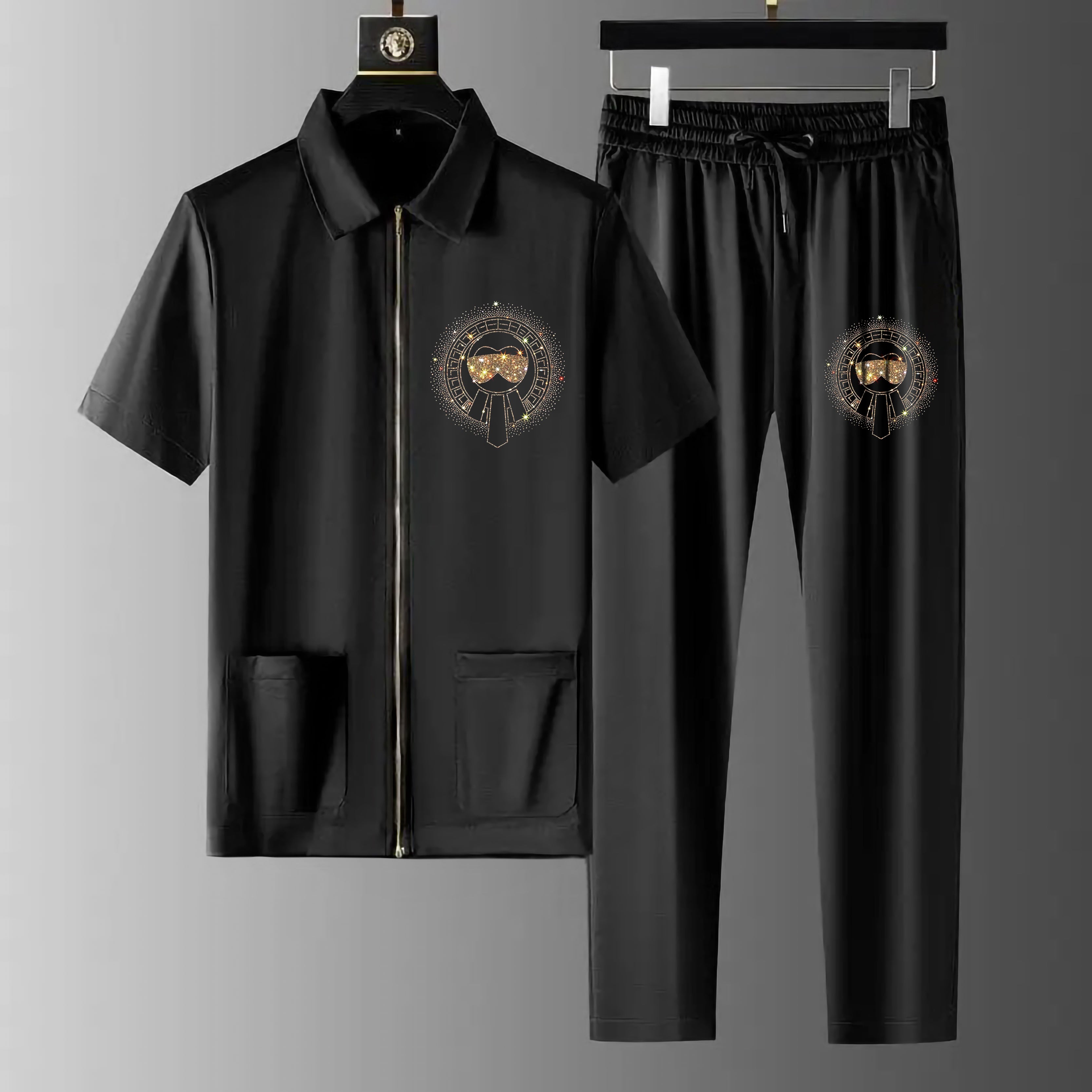 Luxury Men Zipper Rhinestone Co-Ord Set (GLASSES)
