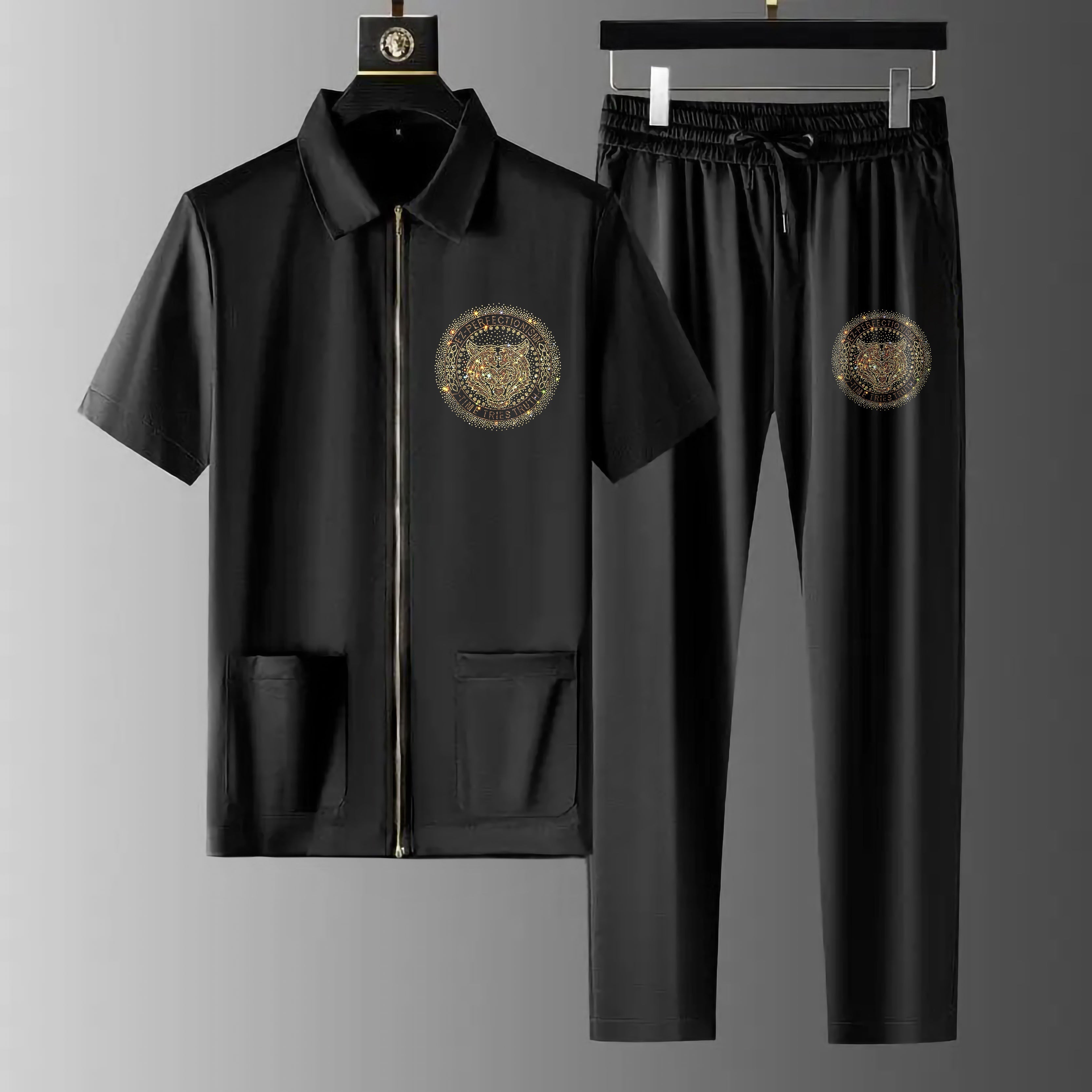 Luxury Men Zipper Rhinestone Co-Ord Set (TIGER 2)