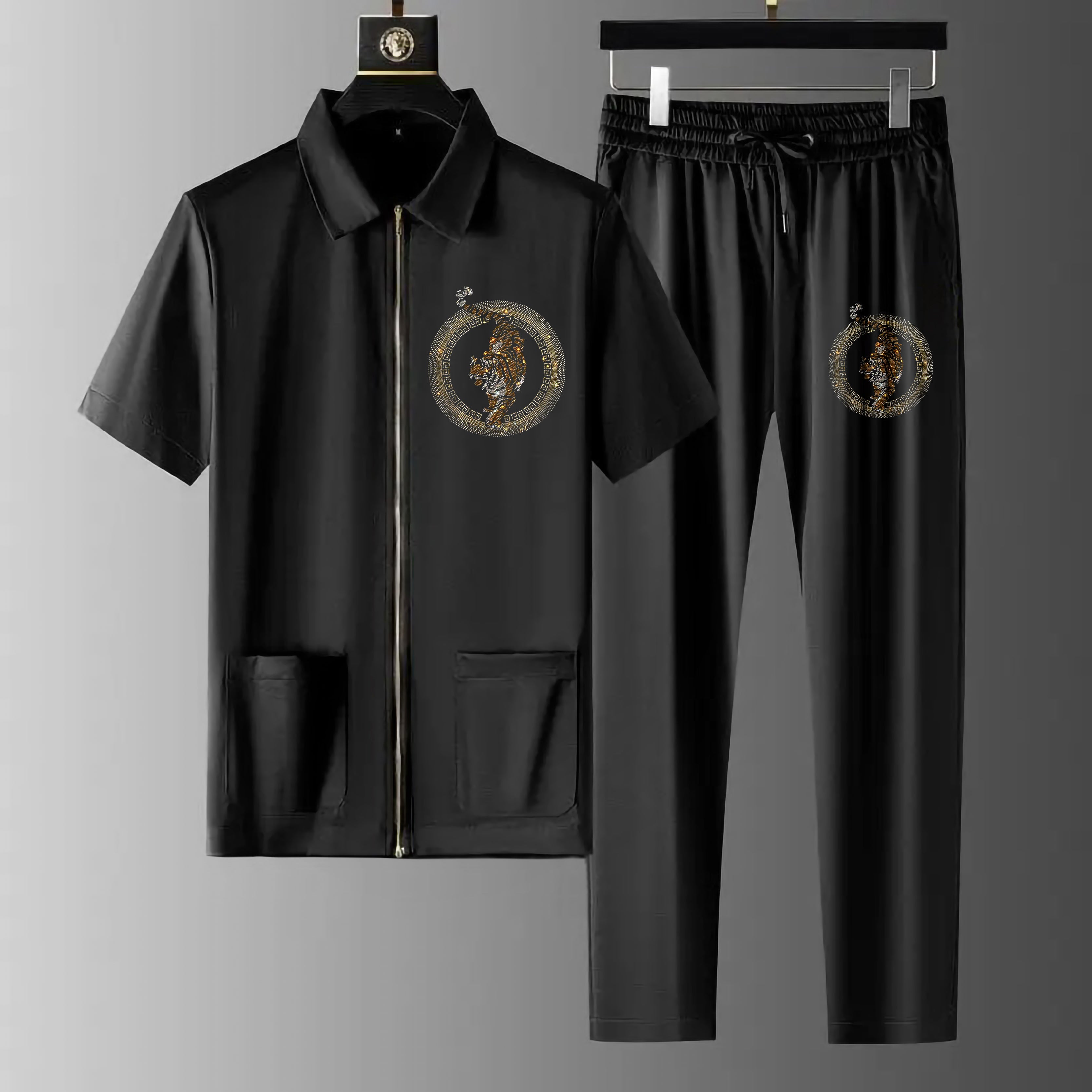 Luxury Men Zipper Rhinestone Co-Ord Set (TIGER 4)
